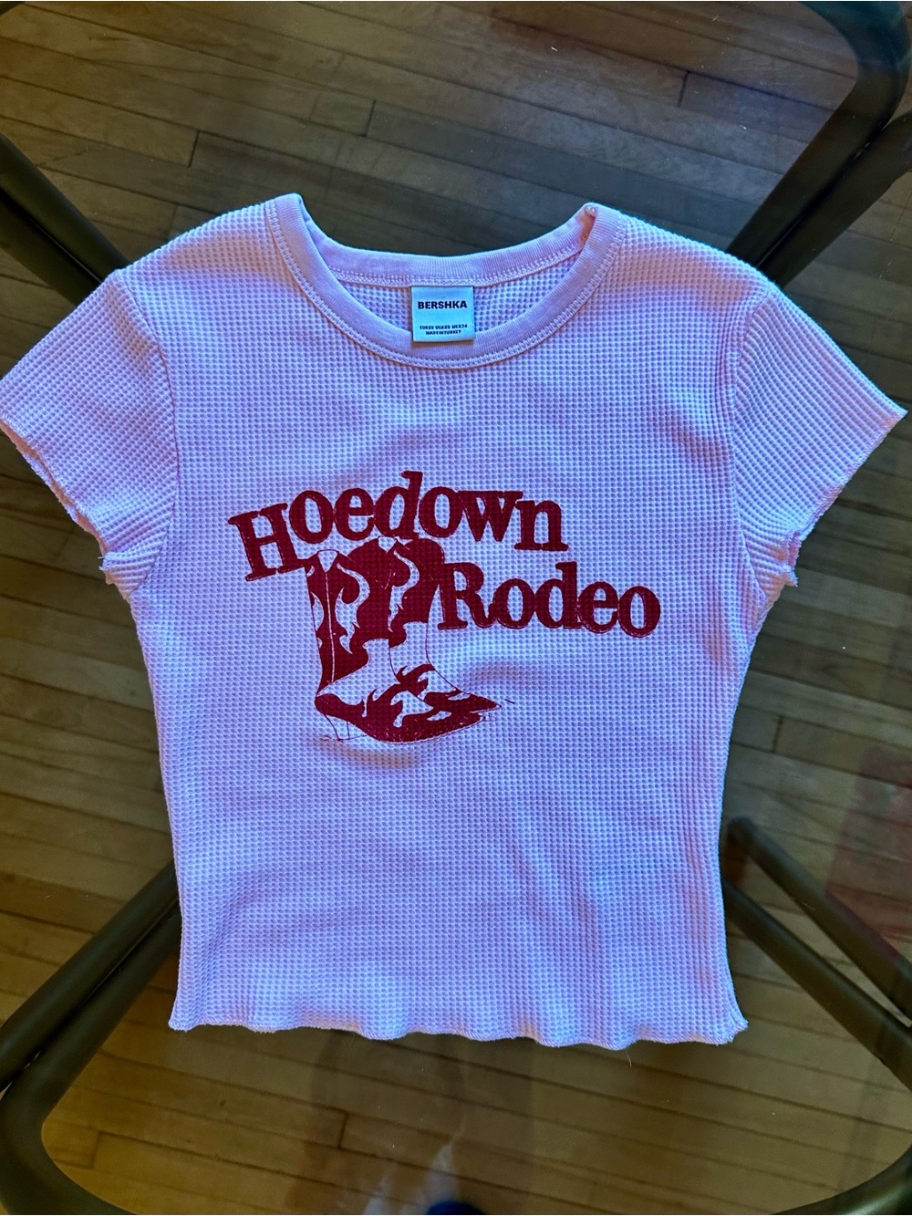Bershka Pink "Hoedown Rodeo" Graphic Waffle Knit Baby Tee